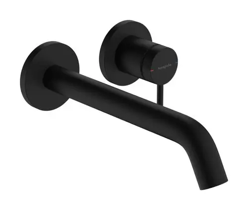 Hansgrohe-Waschtischmischer mit schwarzem Unterputzdesign, Wandmontage und einem langgestreckten, geschwungenen Auslauf für eine minimalistische Badezimmergestaltung.